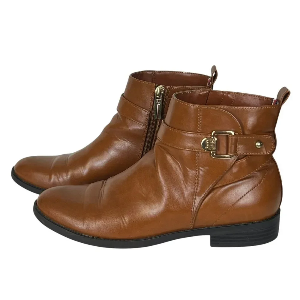 Tommy Hilfiger Women Brown Ankle Boots Side Zip Buckle‎ Detail Size 8.5M